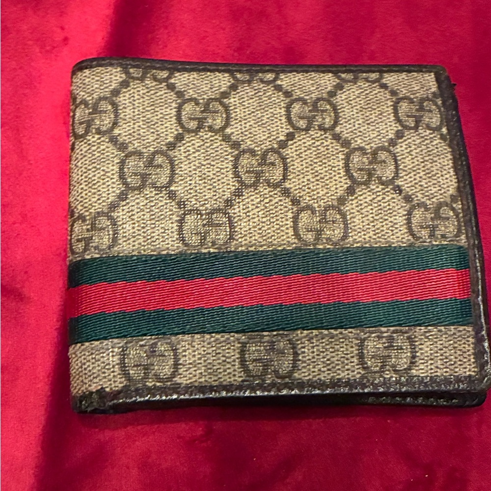 Gucci monogram coated canvas & leather stripe Brown bifold wallet